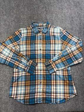 The North Face Women’s Blue Brown Plaid Flannel Shirt Roll Tab Sleeves Size-M